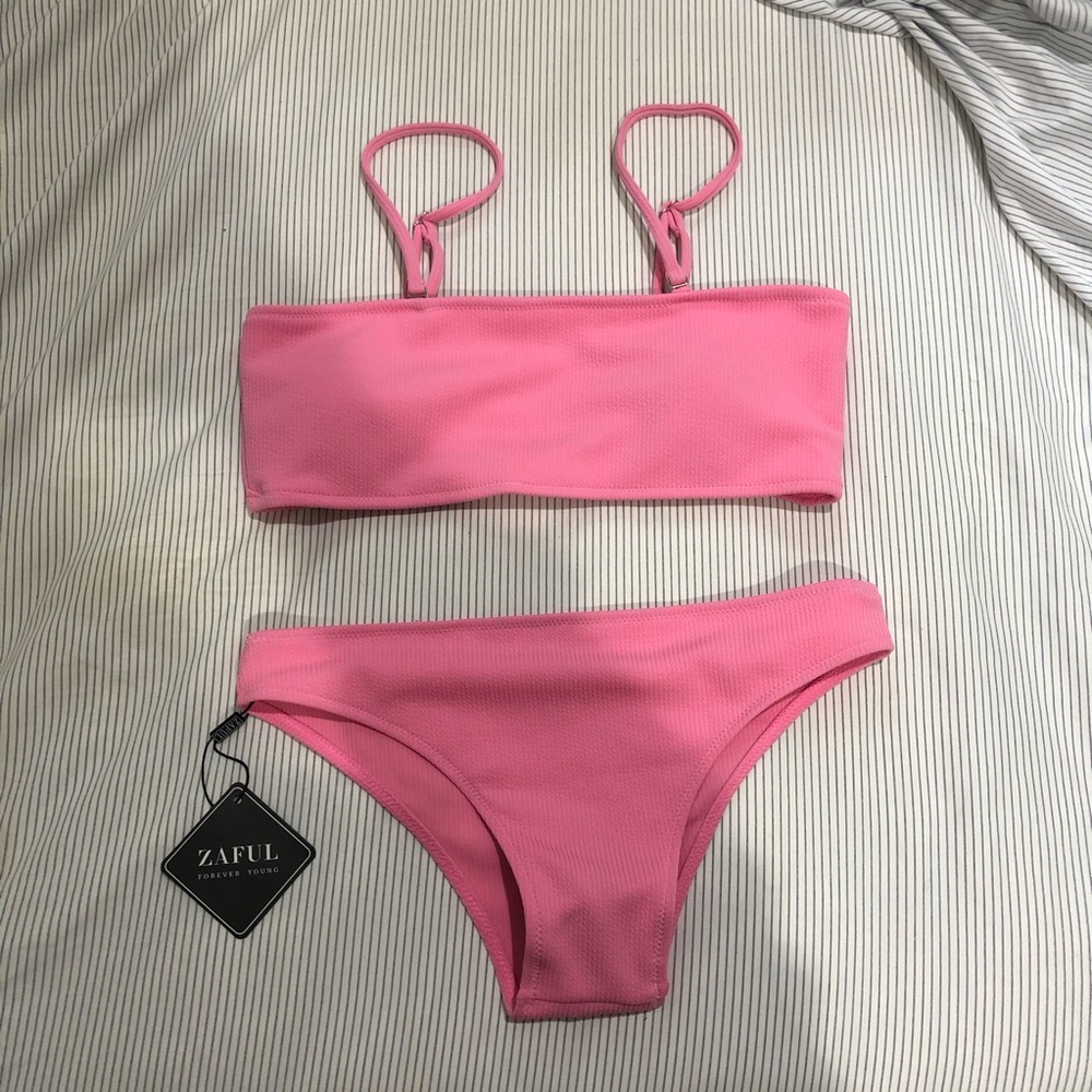 Zaful textured bandeau bikini set with straps 🦋